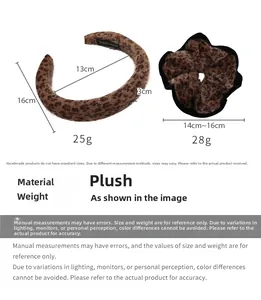 Detailed size view of plush leopard print headband and scrunchie set for women