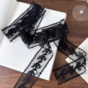 Detail of vintage black floral lace ribbon with delicate embroidery on a textured mesh fabric