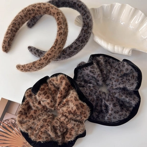 Retro plush leopard print headband and hair scrunchie set in brown and grey fur