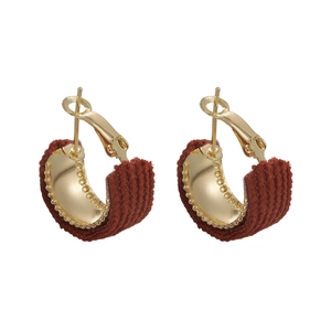 Vintage burgundy corduroy fabric hoop earrings with polished gold-tone metal lining