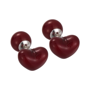 Elegant wine red heart and sphere double-sided stud earrings with high mirror finish