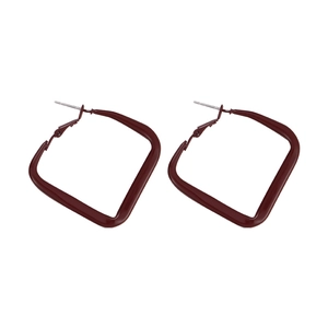 Detail of square burgundy enamel hoop earrings with silver pins and polished finish