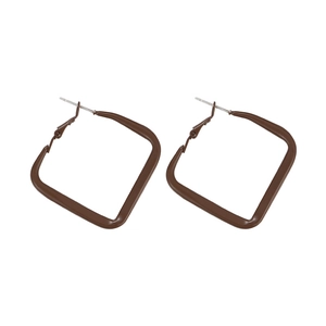Macro detail of geometric square hoop earrings in coffee brown finish for women