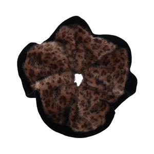 Retro leopard print faux fur scrunchie with black velvet trim for bun hairstyles