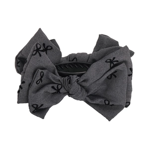 Pince à cheveux noeud gris foncé avec motif noir pour coiffures queue de cheval