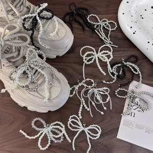 DIY handmade beaded bow shoe charm with pearls and lobster clasp for stylish footwear decoration