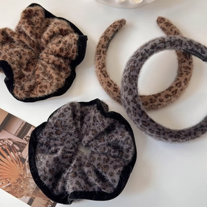 Retro plush leopard print scrunchies and headbands set for autumn winter hairstyles