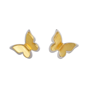 Elegant two-tone butterfly stud earrings with brushed gold and silver metal finish