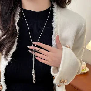 Elegant Balletcore Bow Ballet Shoe Pendant Necklace High End Niche Long Sweater Chain For Women Silver Black Fashion Jewelry