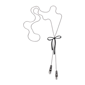 Long adjustable snake chain necklace with silver ballet shoes and black ribbon bow
