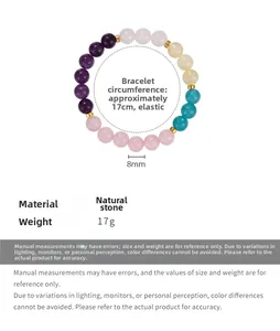 Detail showing 8mm colorful natural stone beads and 17cm elastic bracelet measurements