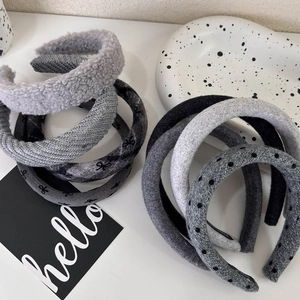 Grey knitted headband set with polka dots and bow tie, vintage French style hair accessory