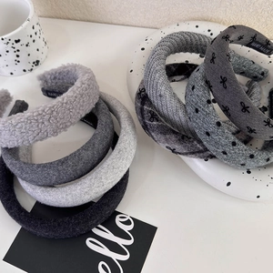 French vintage grey knit headband with polka dot bow and handmade fabric details
