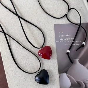 Korean Style Heart Pendant Necklace For Women Adjustable Black Wax Rope Long Sweater Chain Resin Heart Fashion Jewelry