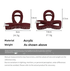 Detail view of burgundy acrylic hair claws in solid and hollow bow designs with size specs