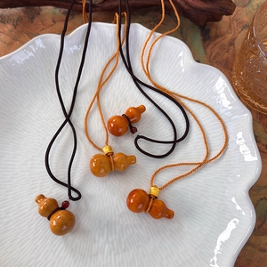 Long collier pendentif gourde en bois avec corde tressée au style rétro chinois