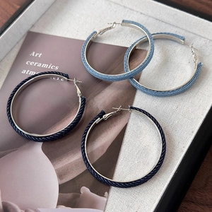 French style denim hoop earrings in light and dark blue shades with silver metal base