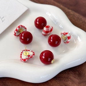 Preppy red and white plaid fabric heart earrings with vibrant red glossy resin beads