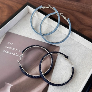 French minimalist denim wrapped geometric hoop earrings in light and dark blue styles