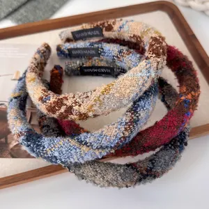 Handmade Chanel Style Tweed Plaid Headband For Women Autumn Winter Thickened Sponge High Top Hair Band Retro Elegant Hair Accessories