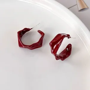 Burgundy Irregular C Shape Earrings With Silver Earring Post Glossy Wavy Lacquer Hoops Women Retro Party Daily Jewelry