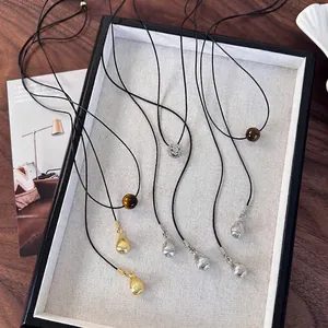 Collier Pendentif Pierre Œil de Tigre Vintage Alliage Rétro Goutte d'Eau Boule Design Géométrique Chaîne en Corde Cirée Bijoux Élégant Femme