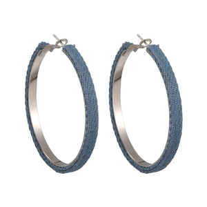 Blue denim wrapped large hoop earrings with silver metal inner ring for women