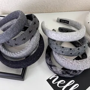 French Vintage Grey Knitted Plush Wide Headband Polka Dot Bow Print Thickened Hairband Elegant Hair Accessories For Women