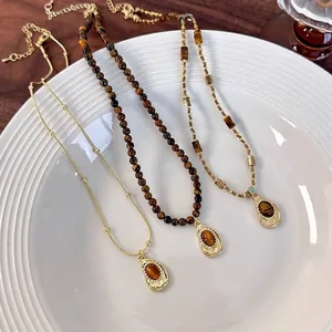Vintage Tiger Eye Waterdrop Pendant Necklace For Women Retro Gold Plated Copper Chain Beaded Choker Luxury Boho Jewelry