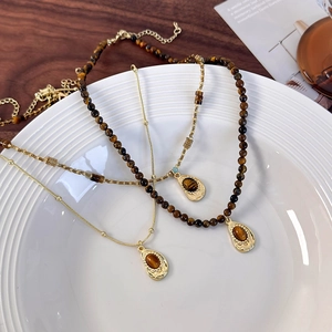 Vintage tiger eye stone pendant necklace with gold plated chain for women accessory