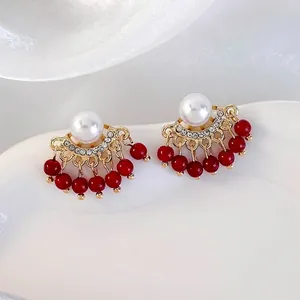 Vintage Fan Shaped Tassel Earrings Gold Alloy White Faux Artificial Pearl Red Beads Rhinestone Stud Earrings For Women Jewelry Elegant Accessories