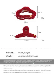 Spécifications détaillées de taille et poids pour grandes pinces à cheveux en peluche rouge