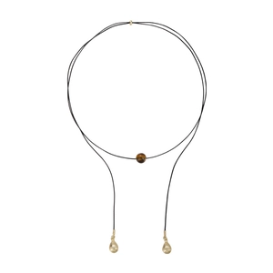Collier bohème en cordon ciré avec perle œil de tigre et pendentifs gouttes dorées