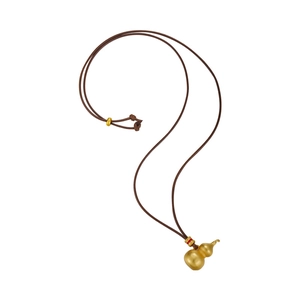 Traditional matte gold hulu pendant necklace with deep brown woven cord on white background