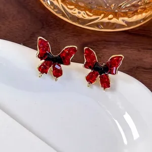 Vintage Red Crystal Butterfly Stud Earrings Alloy Gold Plated Elegant Animal Jewelry For Women Daily Light Luxury Accessories