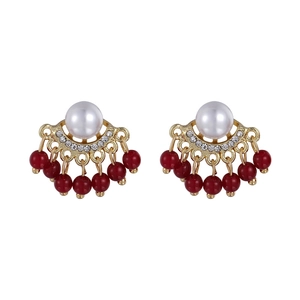 Elegant pearl earrings with red bead tassels and gold frame encrusted with zircons