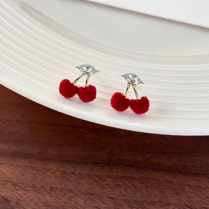 Sweet Red Flocking Cherry Stud Earrings With Zirconia Leaf Gold Alloy Fruit Earrings For Women Wedding Party Jewelry