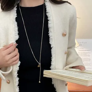 Long Y-Shaped Copper Snake Bone Chain Necklace With Tiger Eye Bead And Gold Round Ball Minimalist Vintage Women Jewelry