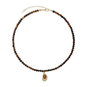 Tiger eye stone beaded necklace with a golden oval pendant and adjustable lobster clasp
