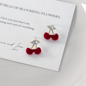 Cute red velvet cherry stud earrings with gold leaves and cubic zirconia stones