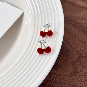 Cute cherry stud earrings with red velvet fruit and gold metal stems for autumn and winter