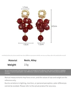 Detailed view of red grape cluster earrings with dimensions of 6.5cm height and resin beads