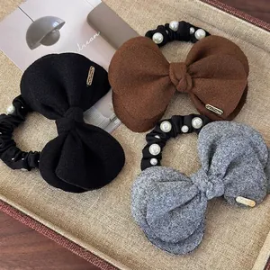 Women Elegant Woolen Bow Scrunchie Hair Tie Artificial Pearl Accented Pleated Elastic Hair Rope Vintage Winter Hair Accessories
