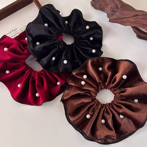 Vintage velvet hair scrunchies with white pearls in black, burgundy and brown colors