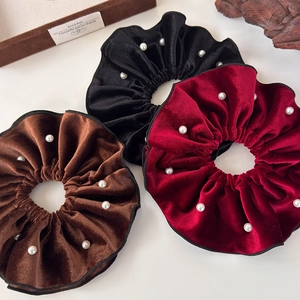 Vintage velvet hair scrunchies with white pearls in black red and brown colors