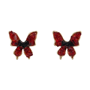 Vintage red crystal butterfly earrings with gold frame on white background
