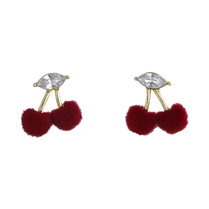 Cute red velvet cherry earrings with gold stems and sparkling crystal studs for women