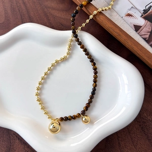 Retro Tiger Eye and Gold Bead Two-Tone Necklace with Polished Sphere Pendants