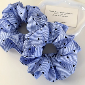 Blue striped scrunchies with heart patterns for women in stylish Korean fashion style