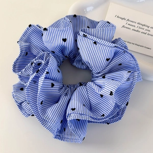 Blue striped oversized scrunchie with heart pattern for women hair styling accessories